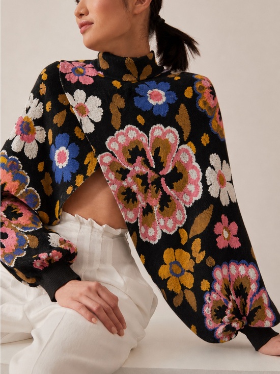 FARM Rio Sweaters - Farm Rio Intarsia Knit Crossover Floral Crop Sweater